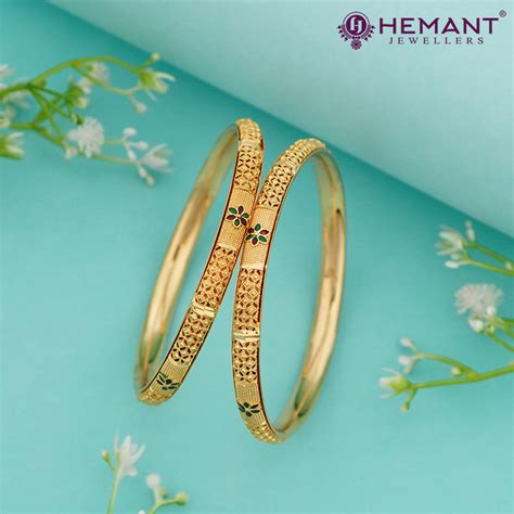 Gold-Finish Bangles with Floral Enamel & Textured Carving – 4351-53 ...