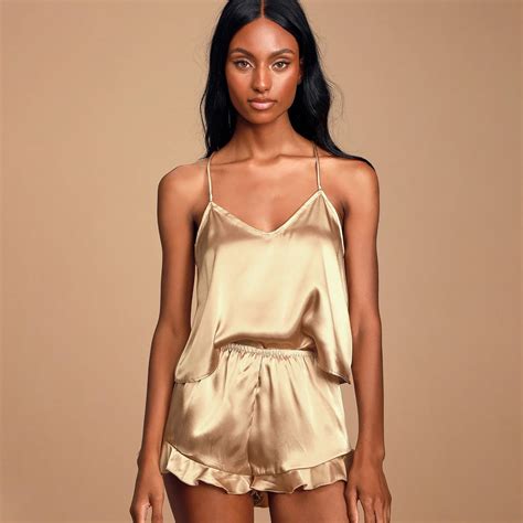 Sweetest Dreams Gold Satin Ruffled Two-Piece Pajama Set – Beyond Pink