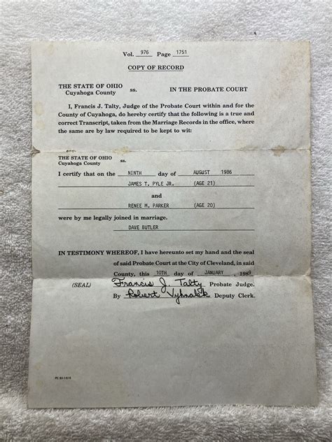 1986 Cuyahoga County Ohio Probate Court Marriage Record Certificate ...