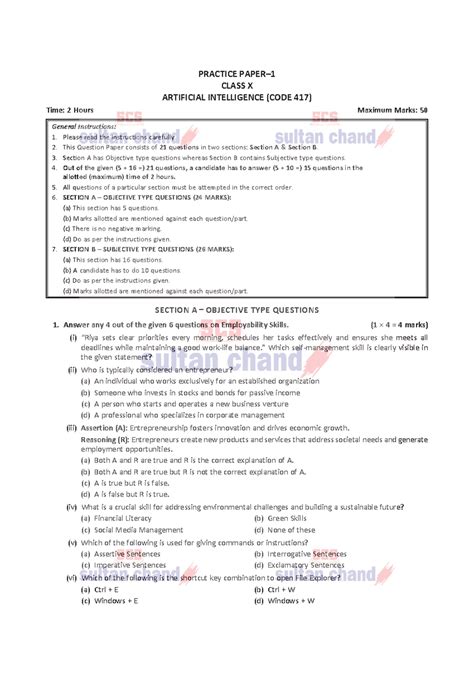 AI (417) Practice Paper: Class X Exam Preparation Guide - Studocu
