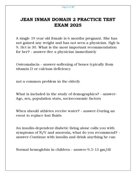 JEAN INMAN DOMAIN 2 PRACTICE TEST EXAM 2025 | Exams Nursing | Docsity