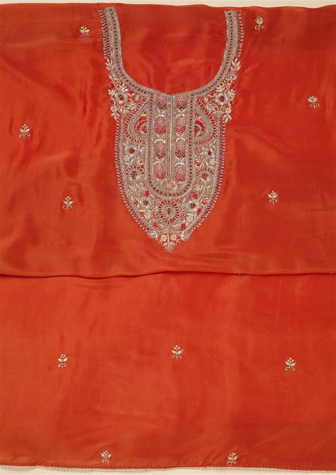 Buy Rust Zariwork (Gold) Semi Crepe Unstitched Salwar Suit - Koskii