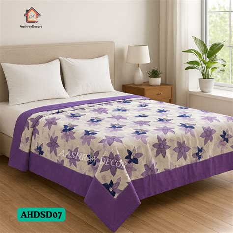 Cotton Reversible Double Bed Dohar – Purple Floral & Striped Prints ...