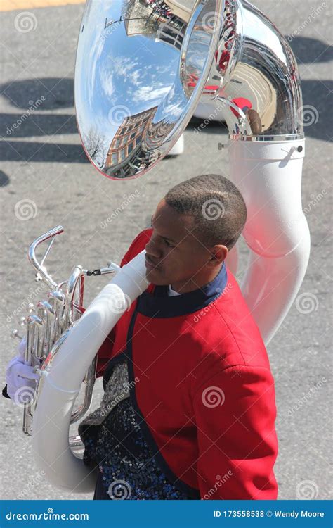 Young Black Male Tuba Player in a Marching Band in the Cherry Blossom ...