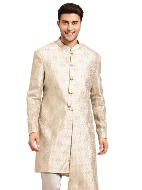 Buy KISAH Men's Indo-Western Sherwani, Beige Cotton Blend, Woven Design ...