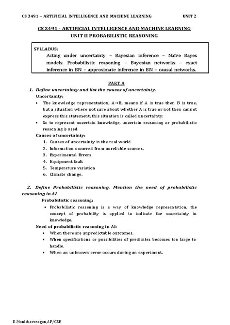CS 3491 UNIT 2: Probabilistic Reasoning in AI & Machine Learning Notes ...