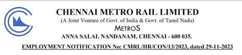 CMRL-CHENNAI METRO RAIL LIMITED VARIOUS POSTS RECRUITMENT 2023