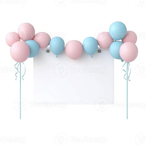 A vibrant arrangement of pink and blue balloons framing a blank sign ...