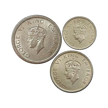 COINIACS Set of One, Half & Quarter Rupee 1946-47 George VI King Nickel ...