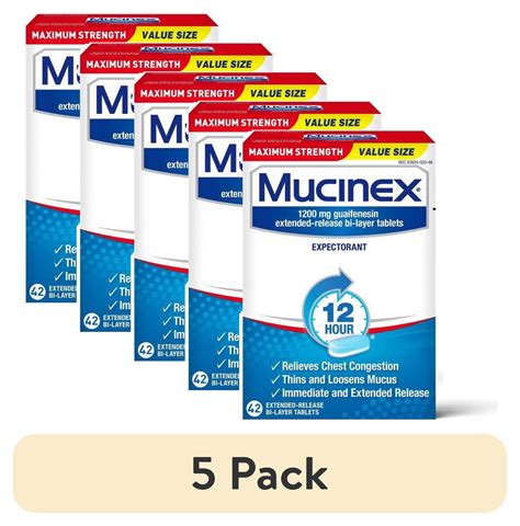 (5 pack) Chest Congestion, Mucinex Maximum Strength 12 Hour Extended Release Tablets, 42ct, 1200 ...