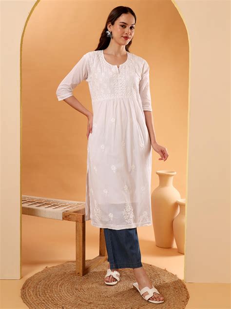 White Bhavya Cotton Chikankari A-Line Kurti