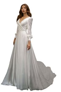 White V Neck Puff Sleeves Satin Trail Gown – ShObO
