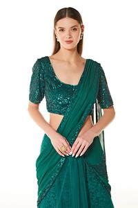 Buy Green Net, Georgette Sequins Round Adha Embroidered Lehenga Saree ...