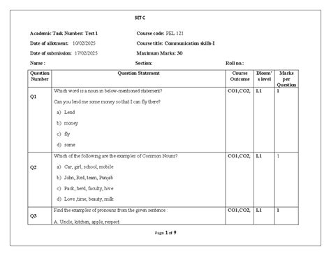 PEL121 CA-1 PYQ Paper - Academic Task Number: Test 1 Course code: PEL ...