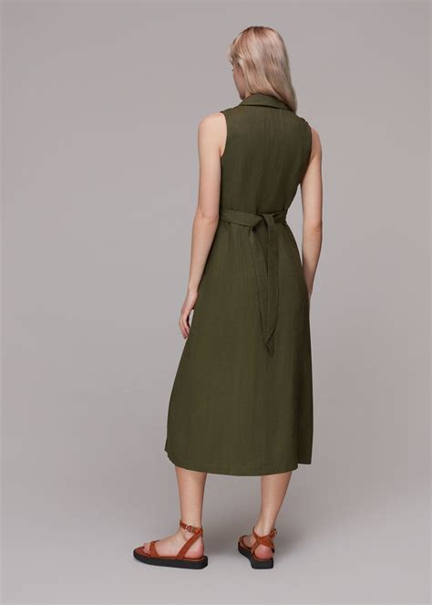 Khaki Molly Linen Midi Dress | WHISTLES | Whistles UK