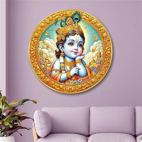 Livin'luxe Bal Krishna Round Art Print | 3D Embossed MDF Panel with ...