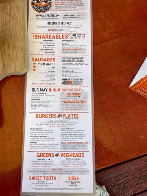 Menu at Brat Haus restaurant, Scottsdale