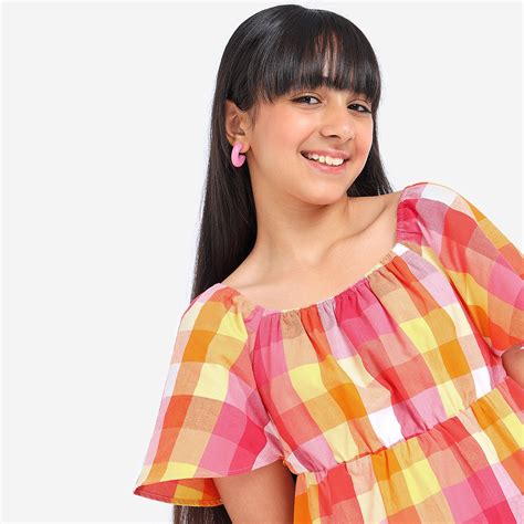 Girls Flared Sleeves Checkered Casual Cotton Dress – BONKIDS