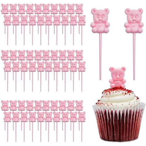 Buy 100 Pack Pink Teddy Bear Cupcake Toppers for Girl Baby Shower & 1st ...