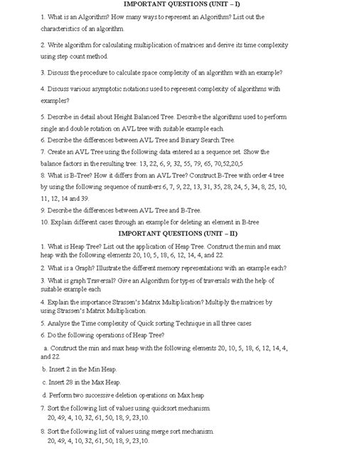 Unit Wise Important Questions for Algorithms (CS101) - Studocu