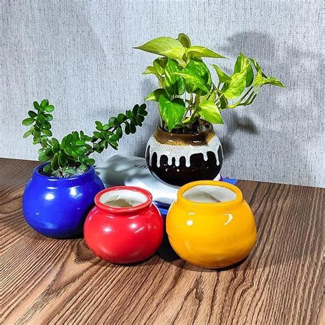Ubaa Small Matki Shape Ceramic Plant Pot for Indoor, Office Desk (3.5 ...