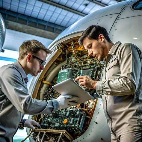 Two technicians work together on a complex aviation system demonstrating teamwork and expertise ...