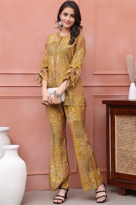 Co-Ord Set for Women - Mustard Abstract Print | Claura