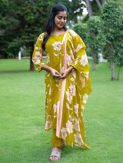 Women Pure Cotton Embroidered Mustard Kurti with Pant & Dupatta Set EKS111