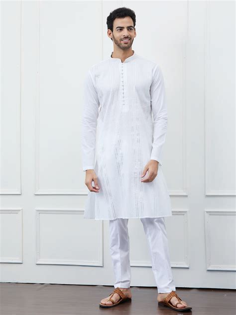Men White Cotton Silver & Sequence Kurta – FYVA