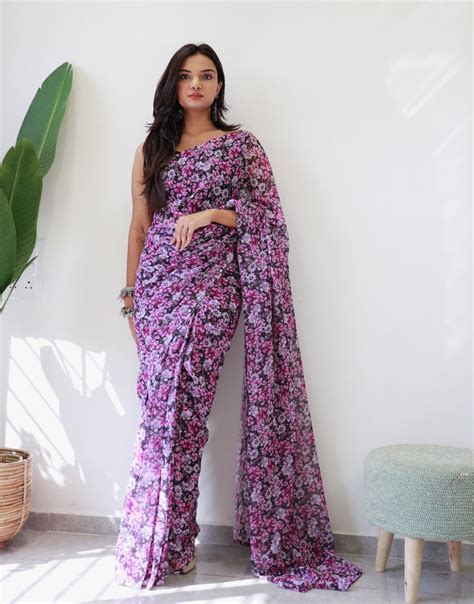 Black Georgette Flower Printed Ready To Wear Saree – Sareewave