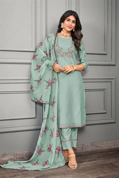 Olive Green Cotton silk with Organza Embroidery Salwar Kameez – jivora