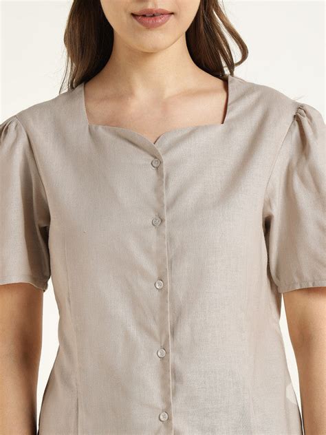 Hancock Women Beige Solid Linen Regular Fit Formal Shirt