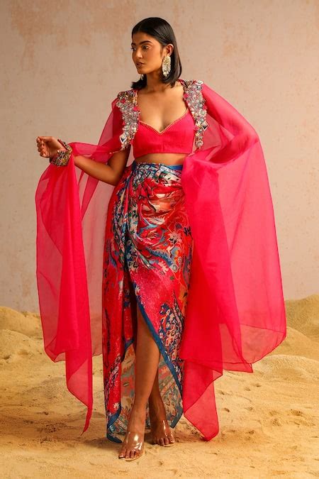 Buy Pink Georgette Satin Printed Abstract Motifs Cape Open Embroidered ...