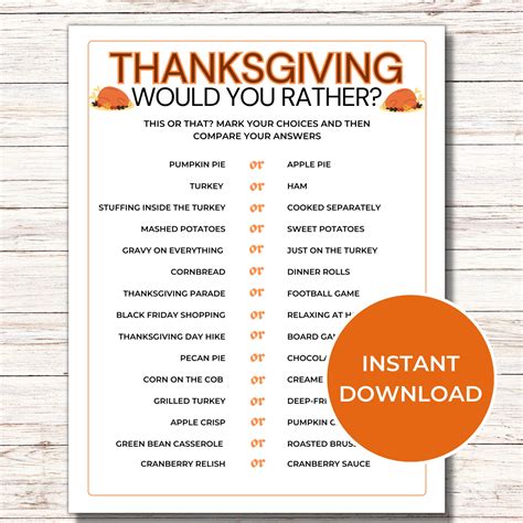 Thanksgiving Would You Rather Game, Printable Thanksgiving This or That ...