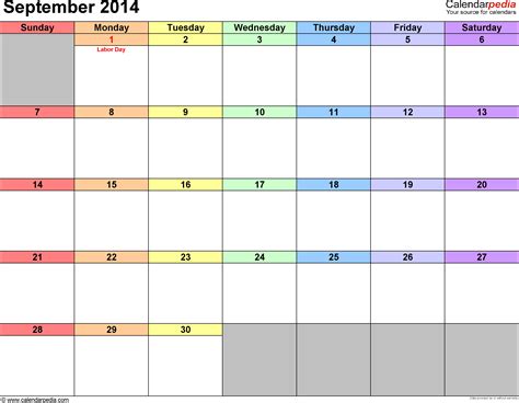 September 2014 Calendars for Word, Excel & PDF