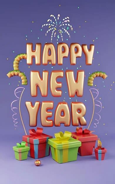 Feliz año nuevo con clipart tipografía ilustración 3d render | Foto Premium