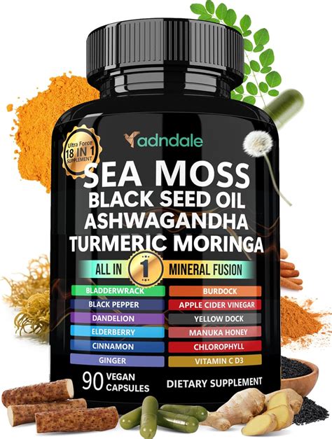Adndale Sea Moss Black Seed Oil Ashwagandha Ginger Capsules. SeaMoss Capsules with Black Seed ...