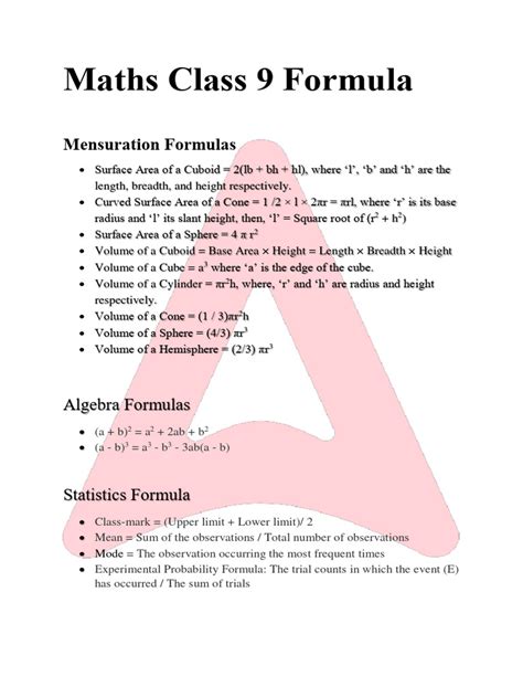 All Formulas of Class 9 Maths 的图像结果
