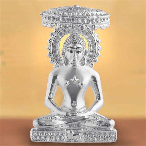 Pure Silver 990 Chatra Mahavir Idol ~ CaratCafe