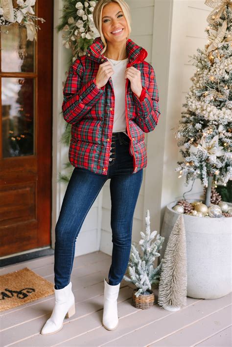 More The Merrier Red Tartan Plaid Puffer Jacket – Shop the Mint