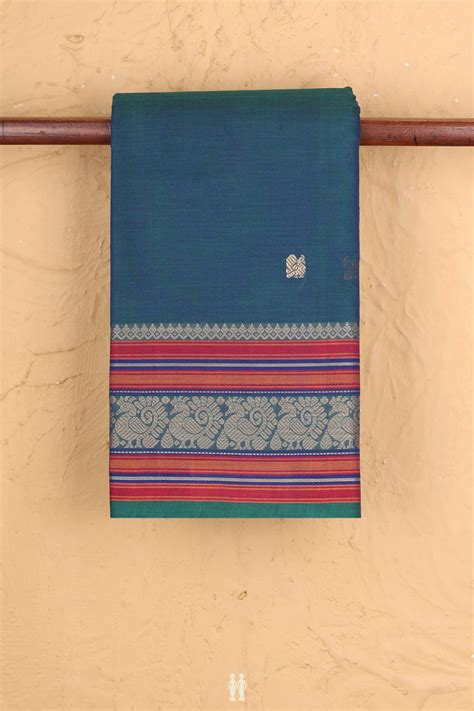 Kanchi Cotton Saree In Teal Blue With Peacock Buttas