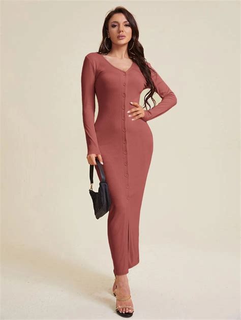 SHEIN Privé Button Through Rib Knit Bodycon Dress | SHEIN USA