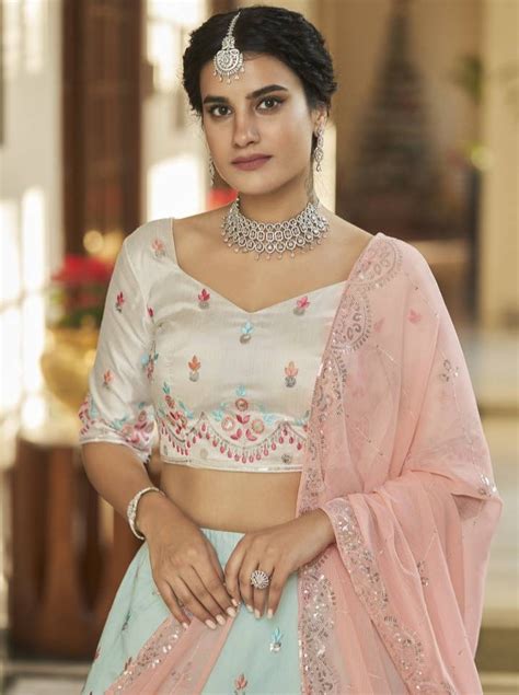 Sky Blue Peach Thread and Sequins Embroidered With Mirror Wo