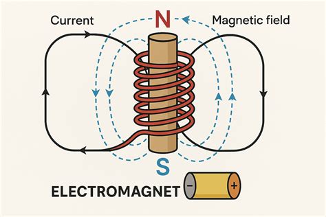 Electromagnet working diagram showing current and magnetic field direction