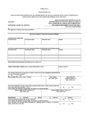 APPLICATION FOR CERTIFICATE OF APPOINTMENT OF ESTATE TRUSTEE WITH A ...