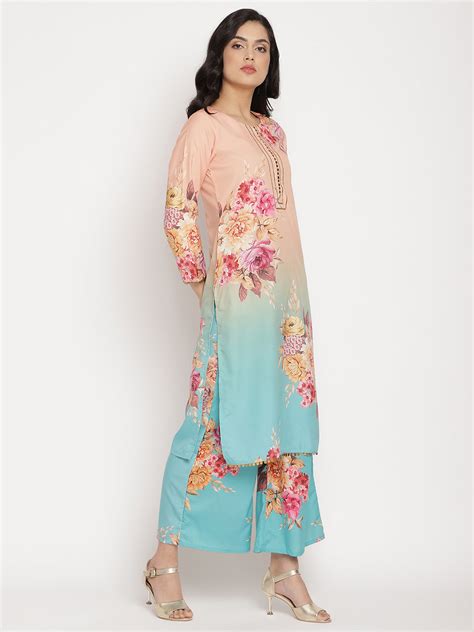 Peach Floral Printed Kurta Palazzo Set With Dupatta