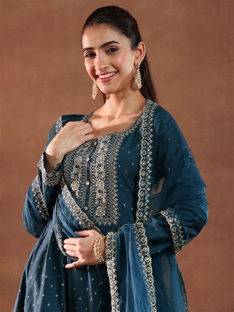 Buy Teal Embroidered Chanderi Silk Anarkali Suit With Dupatta Online at ...
