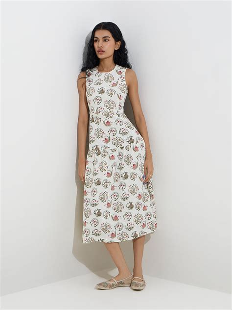 Buy Bombay Paisley Off-White Printed Cotton-Blend A-Line Dress from ...