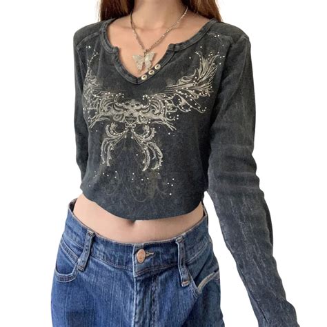 Buy QUECY® Women's Y2k Crop Top Long Sleeve Butterfly Vintage ...
