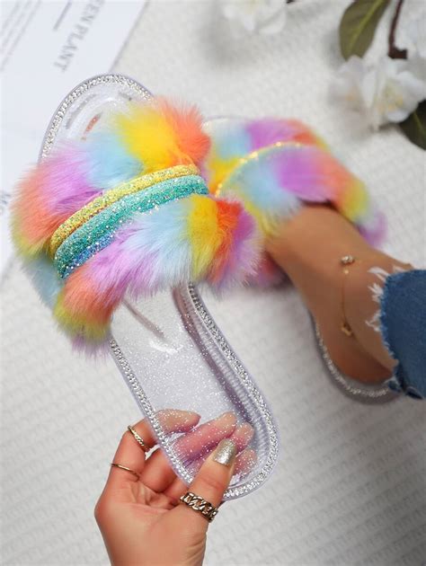 Rhinestone Decor Fluffy Slides | SHEIN USA